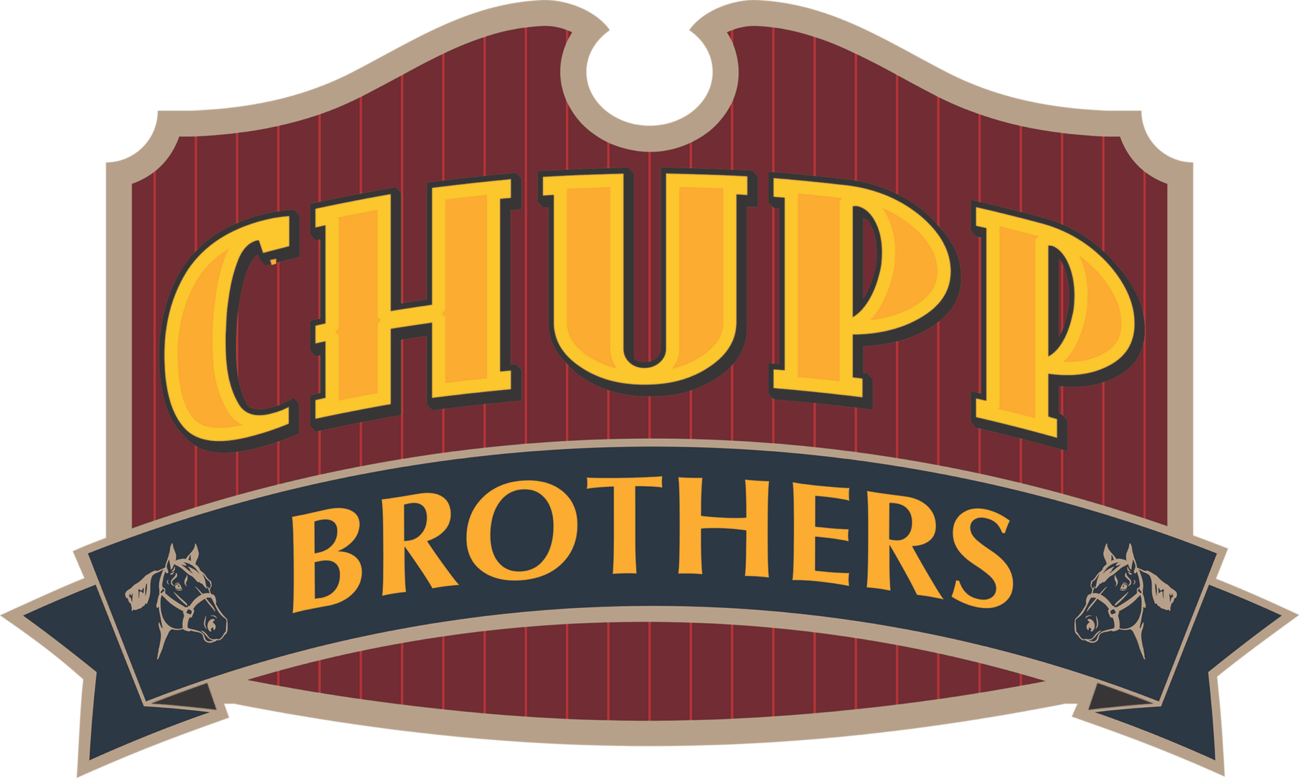 The official Chupp Brothers logo featuring a vintage-style shield with dark red vertical stripes, yellow "CHUPP" lettering, and a blue ribbon at the bottom with "BROTHERS" and two horse head icons.